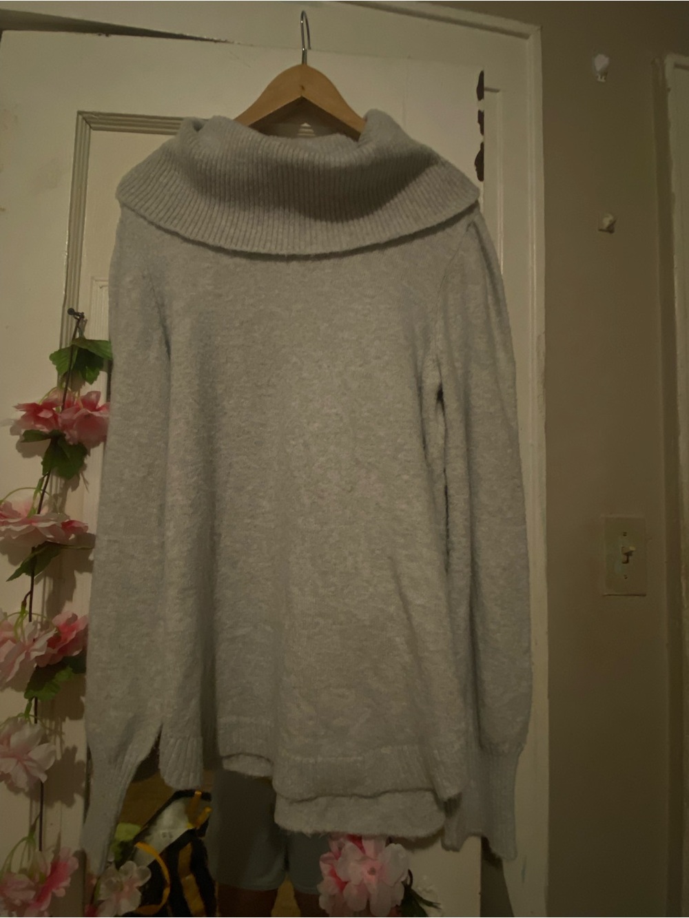 Tahari Light Gray Fold-Over Cowl Neck Sweater